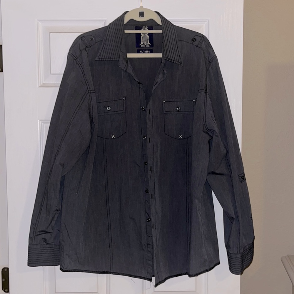 Men’s shirt from Buckle. Color is dark slate gray with black top-stitching.